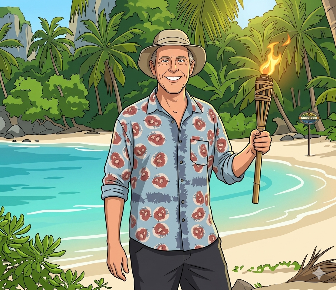 Cartoon version of Sven G. Ali holding a Survivor torch